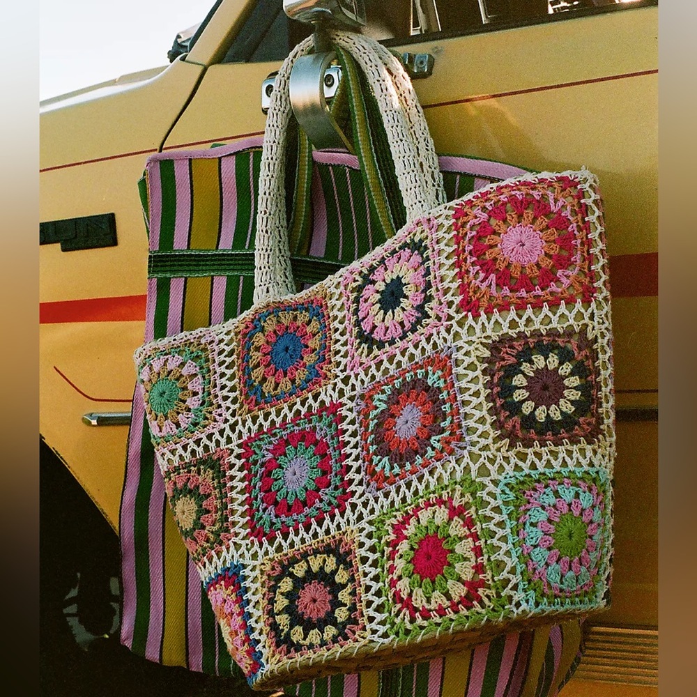 Anthropologie Crochet Wicker Tote Beach Bag